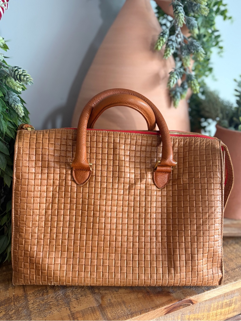 Clare V. Woven Leather Satchel Handbag in Cognac - Picture 2 of 13